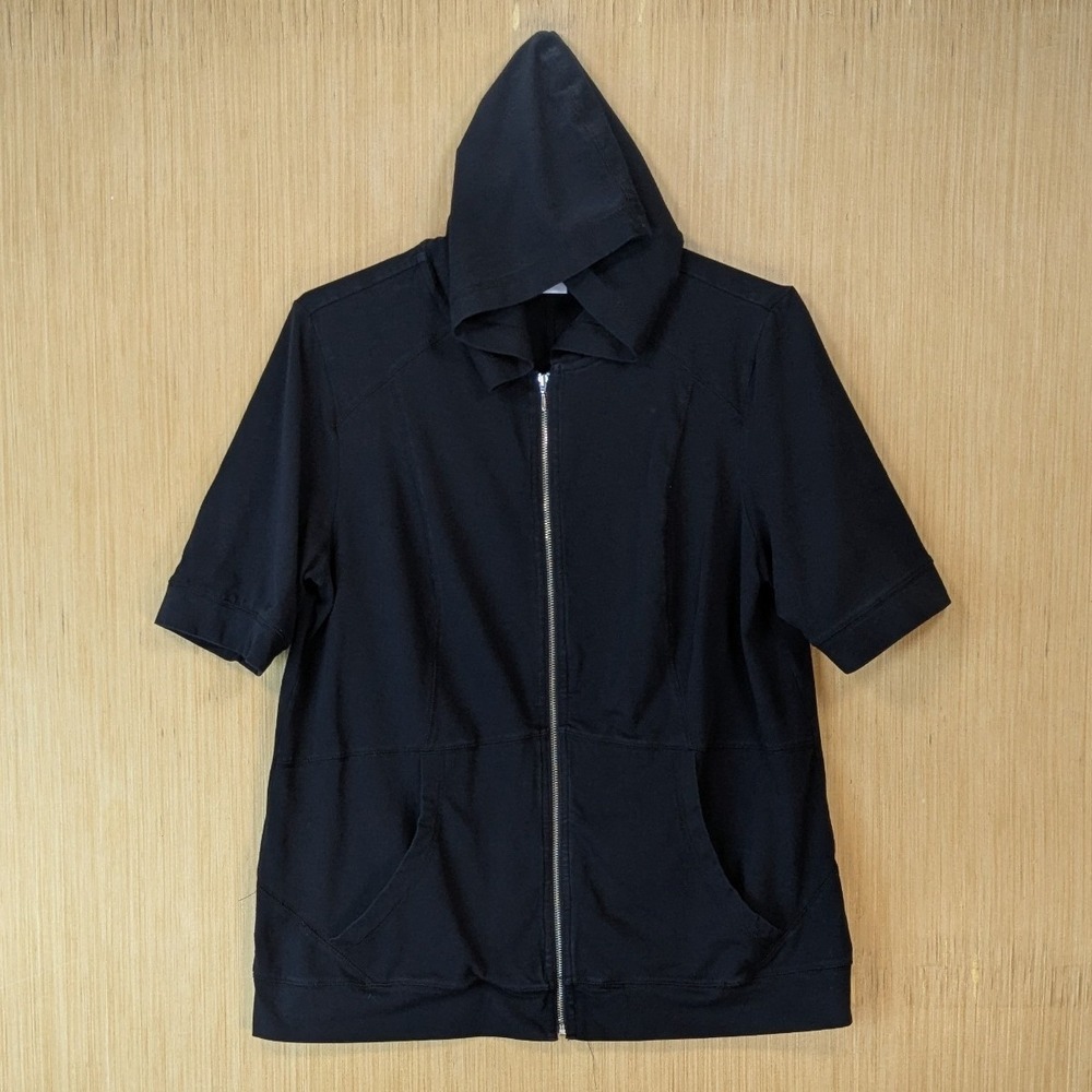 Weekends by Chicos Womens Black Short Sleeve Full Zip Hoodie Jacket Medium